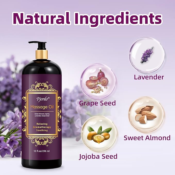 Pjordo Aromatherapy Lavender Massage Oil, 10 fl oz Relaxing Massage Oil for Massage Therapy with Grape Seed, Sweet Almond & Jojoba, Spa Quality Oils for Soothing, Calming