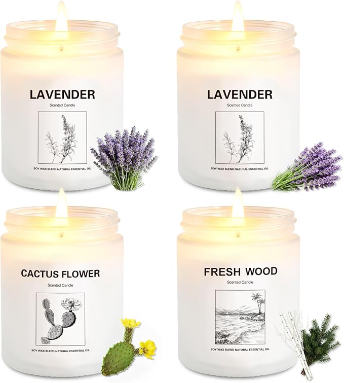 Scented Candles for Home,4 Pack Soy Candle Gift Set with 4 Fragrance Scents,Aromatherapy Lavender Floral & Wood Candles for Relaxation,Long Lasting Spa Candles for Bedroom Bathroom Gifts for Women