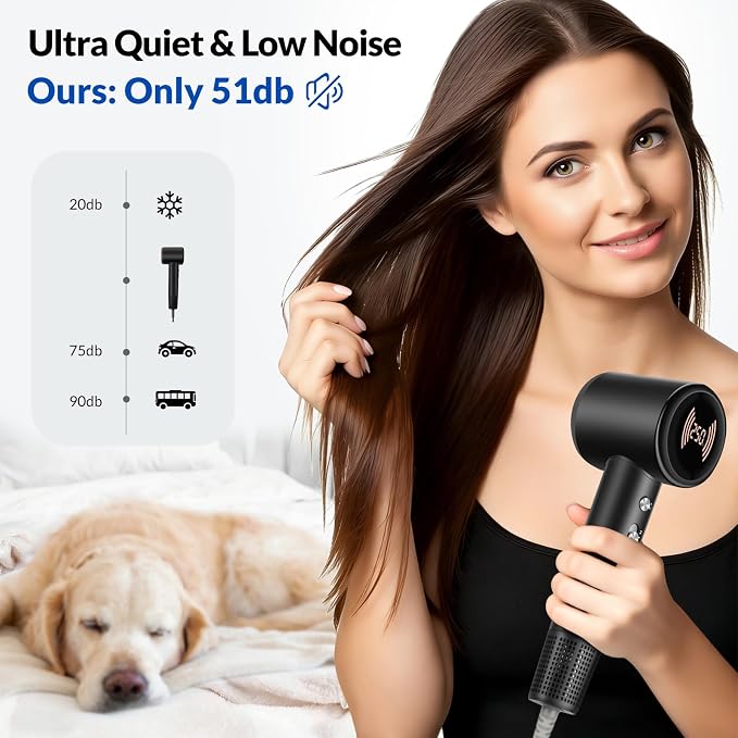Chignon Hair Dryer with Diffuser, Ionic Travel Hairdryer with 160,000 RPM High-Speed Motor for Fast Drying, 1600W Lightweight Blow Dryer with Concentrator for Women Men, Professional Salon Home, Black