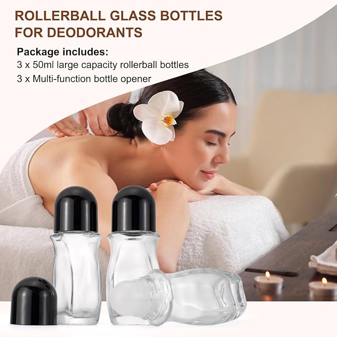 Clear Roll On Bottles, 3 Pack Deodorant Roller Bottles,50mL Essential Oil Bottle,Empty Glass Bottle with Plastic Ball for Perfume Refillable Travel Eye Rollers