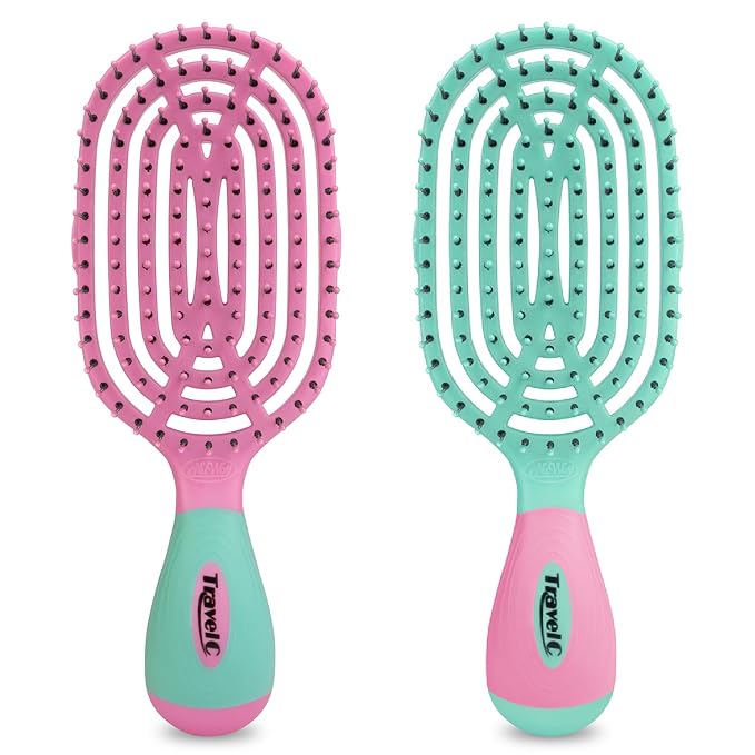 NuWay® TravelC® Detangling Hair Brush Set (2 Brushes) – Mix-n-Match Travel Case Colors, Patented Curved Vented Design with Protective Case for Wet or Dry Hair (Pink & Teal)