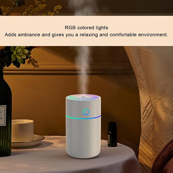 Desktop Humidifier with Colorful Lights, 250ml USB Powered Auto Shut Off Mini Diffuser Travel Humidifiers for Hotel Bedroom Humidifier for Bedroom, Office