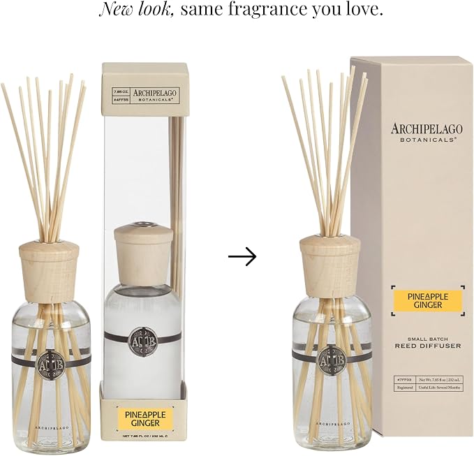 Archipelago Botanicals Pineapple Ginger Reed Diffuser, Home Fragrance Reed Diffuser, Includes Fragrance Oil, Decorative Wooden Cap & 10 Diffuser Reeds, Perfect for Home, Office or Gift, 7.85 fl oz