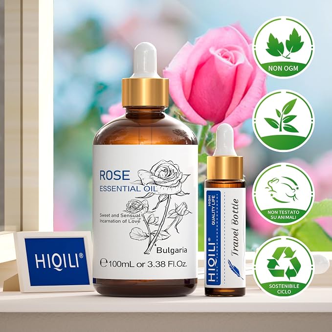 HIQILI 100ML Rose Essential Oil for Skin, Diffuser & Candle - 3.38 Fl Oz