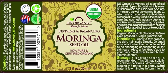US Organic Moringa Oil, USDA Certified 100% Pure, Cold Pressed & Unrefined Non GMO, Vegan Oil, Natural Moisturizer for Skin, Face, Body, Hair, Good for Hair Growth, Fine Lines, Wrinkles (1 oz (30 ml))