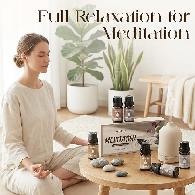 AESHORY Meditation Essential Oils Set, 6 Aromatherapy Blend Oils for Diffusers for Home, Yoga, Mindfulness & Relaxation, Deep Presence, Inner Halo, Grounding, Sacred Breath, Gift Set 6 x 10ML