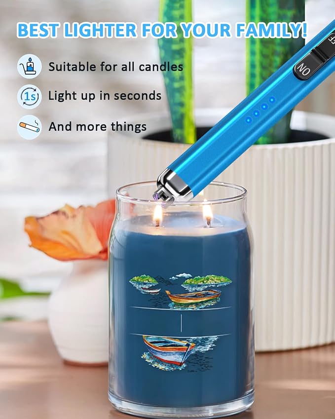 Electric Candle Lighter Valentine's Day Gifts for Women Mom Men Dual Arc USB Rechargeable Windproof Lighter for Candle BBQ Birthday Camping Gift Idals (Sapphire Blue)
