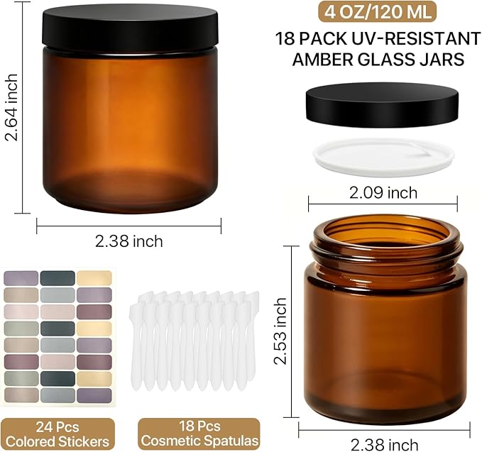 4 oz Amber Glass Jars with Lids, 18 Pack Cosmetic Storage Containers with 18 Spatulas & 24 Labels, Refillable Small Glass Jars for Cream, Lotion, Balm, Candles, Travel & DIY Skincare Kit