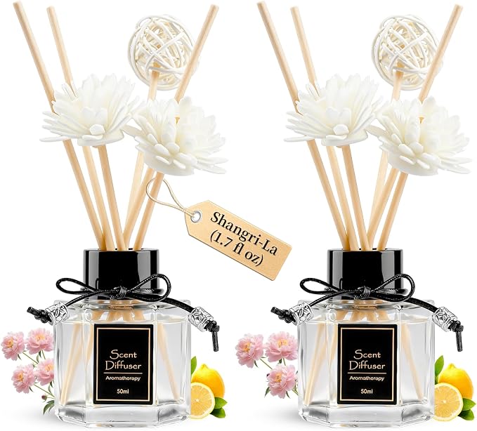 TonJin Reed Diffuser Set of 2 | 1.7 fl oz Natural Home Fragrance with Sticks | Long-Lasting Scented Sticks for Bathroom, Living Room & Bedroom | Non-Toxic Essential Oil Air Freshener Shangri-La