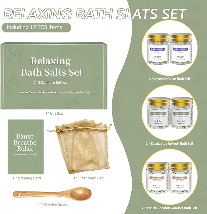 Epsom Bath Salt Gift Set for Women, 6 PCS (3 Scents 2 Each): Lavender, Eucalyptus & Vanilla Coconut, Relaxing Self Care Spa Gifts for Mom, Her, Birthday, Stress Relief & Get Well Soon