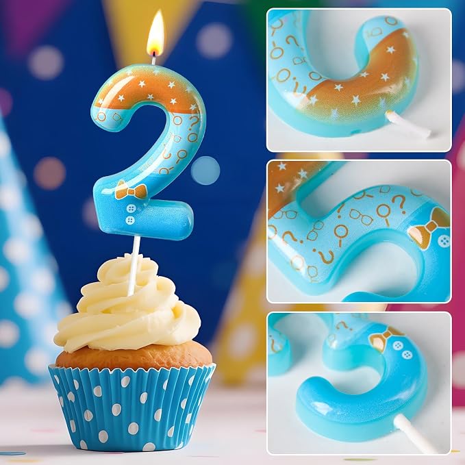 Number 2 Birthday Candle for Cake – Blue Cartoon Outfit Style with Bow Tie, Question Mark & Star Pattern – Fun Cake Topper Decoration for Celebration