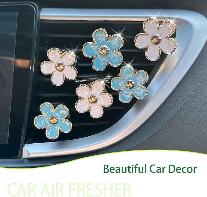 ORIESSE 6pcs Flowers Car Air Freshener Vent Clips Blue White Daisy Flowers Air Vent Clip Car Accessories for Women 3.3cm/3cm Refillable Daisy Decor Diffuser
