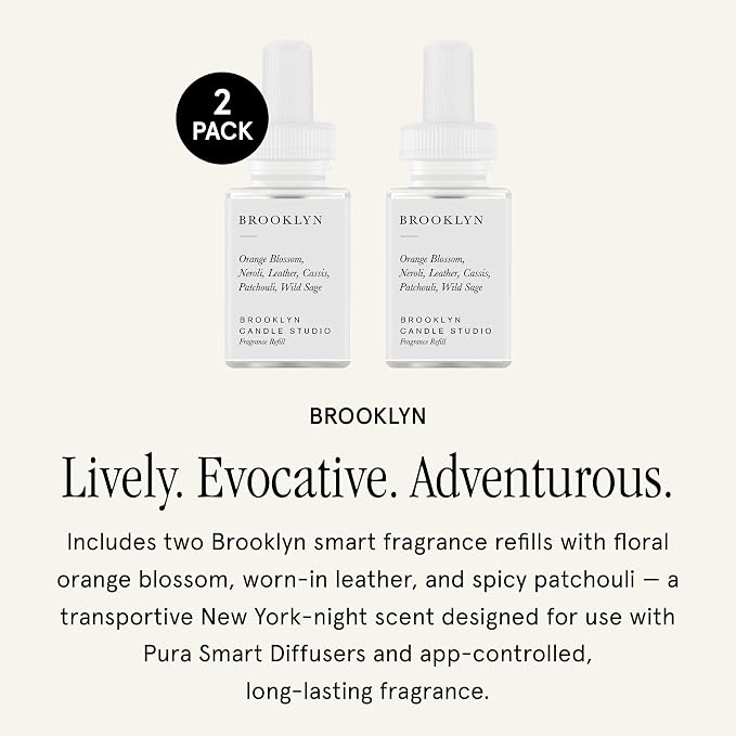 Pura & Brooklyn Candle Home Scent Refill - Smart Home Air Diffuser - Hours of Luxury Fragrance per Refill - Clean & Safe Pura Diffuser Refills - Brooklyn (2 Pack)