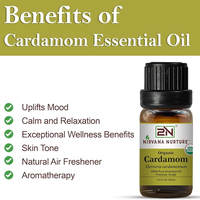 Cardamom Essential Oil, USDA Certified Organic, 100% Pure Undiluted, Aromatherapy Oil for Diffuser, Hair & Skin Care