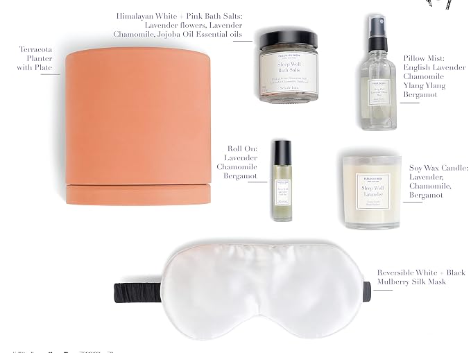 FleurDuBien Lux Lavender Growing Kit & Spa Gift Basket Self-Care Set with Lavender Silk Eye Mask, Mist, Roll-On, Bath Salts, Soy Wax Candle with Perfumist-Crafted Scent Terracotta Pot