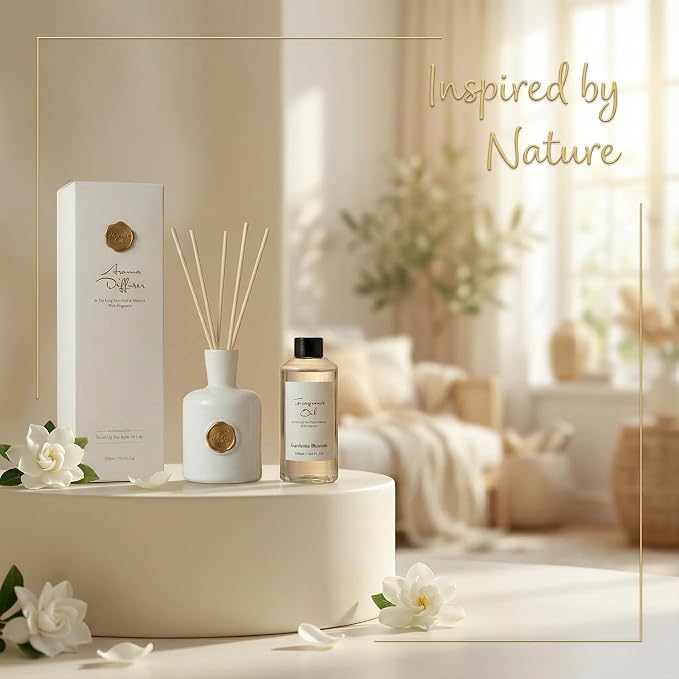 Reed Diffuser Set-Gardenia-Strong Scent, Long-Lasting Evaporation with Natural Reed Sticks & Essential Oils, Elegant Fragrance for Bathroom Bedroom Office Decor Air Fresh-Ideal Gifts