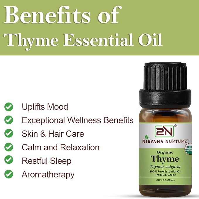 Thyme Essential Oil, USDA Certified Organic, 100% Pure Undiluted, Aromatherapy Oil for Diffuser, Hair & Skin Care