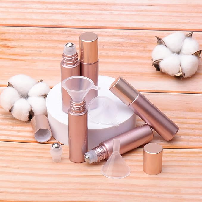 45Pcs 10ml Glass Roller Bottles for Essential Oils, Empty Roll on Vials Massage Containers with Stainless Steel Roller Ball for Perfumes Aromatherapy Lip Balms, Matte Rose Gold