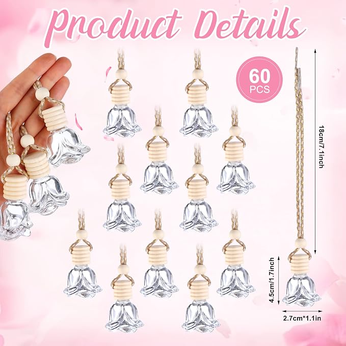 60 Pcs Hanging Car Air Freshener Car Diffuser Bottles Empty Glass Perfume Bottles Air Freshener Diffuser Bottle Pendant for Essential Oils Fragrance Aromatherapy Ornament Decor (Rose Style)