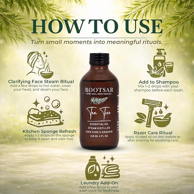 Tea Tree Essential Oil – 100% Pure Organic Tea Tree Oil, Steam Distilled, 4 FL OZ / 118 ML – Premium Essential Oil for Diffuser, Aromatherapy, Massage, Skin Care, Candle & Soap Making