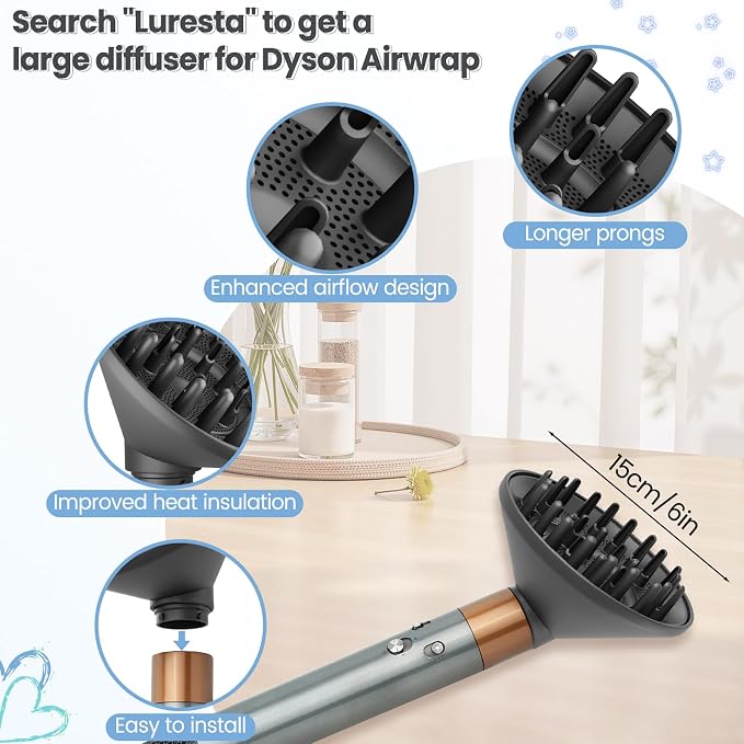 Upgraded 6IN Diffuser Attachment for Dyson Airwrap Styler HS01 HS05 HS08, Hair Diffuser Nozzle for Fast Drying and Styling Wave Curly Thick Hair