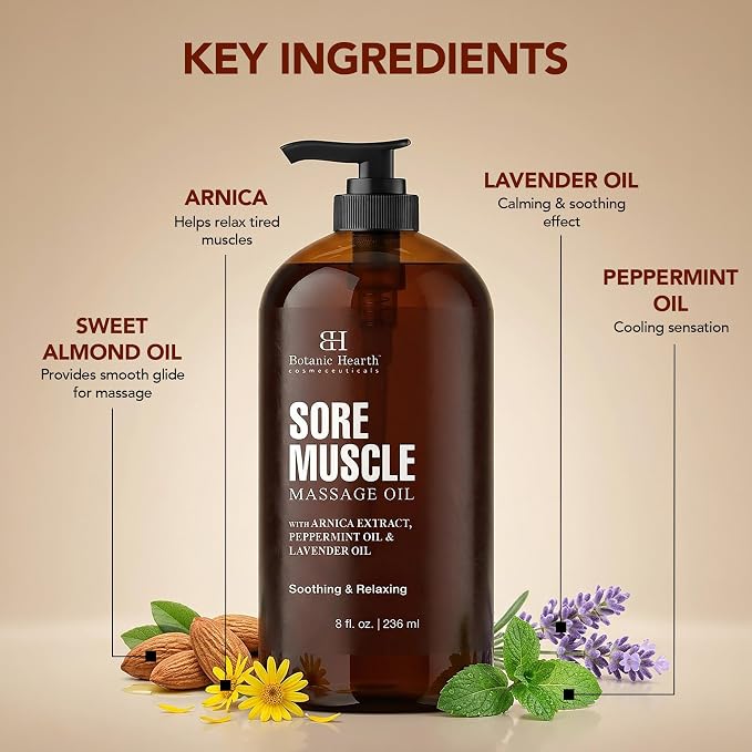 Botanic Hearth Soremuscle Massage Oil 8 Fl Oz| Refreshing, Relaxing Massage Oils for Muscle Relaxing & Joint Comfort | Made with Natural Oils | for All Skin Types, for Men & Women
