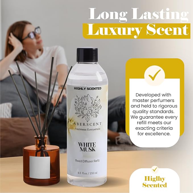 White Musk Aberscent Premium Reed Diffuser Oil Refill (8.5 Fl Oz/250ml) – Long-Lasting Fragrance Oil for Home, Office & Spa – Relaxing Scent, Luxury Hotel-Style Aroma