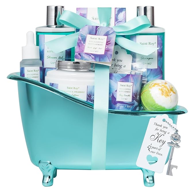 Bath and Body Basket Set EUCALYPTUS & Mint Spa Gift Basket for Women, Unique Bath Gift Baskets Gifts, Home Spa Kit Christmas Gifts for Women, birthday gift baskets for Dad Mother's Day