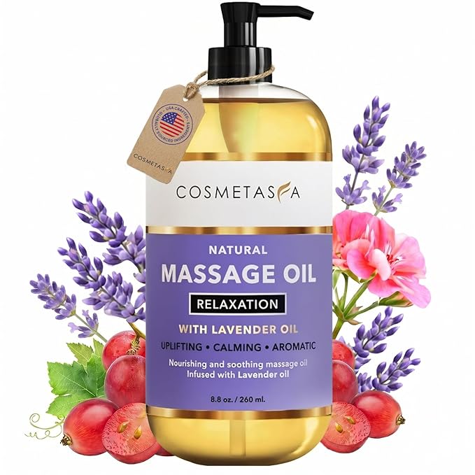 Cosmetasa Lavender Massage Oil for Massage Therapy - All Natural, Cruelty-Free & Spa Quality Skin Therapy Oil, Calming & Soothing Care - Lavender, Geranium & Grapeseed Oil (8.8 oz)