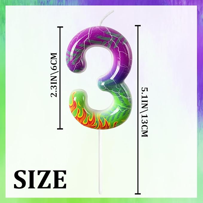 Number 3 Birthday Candle for Cake – Purple Green Flame Design with Lightning & Tire Track Pattern – Off-Road Truck Theme Cake Topper for Birthday Party Decoration