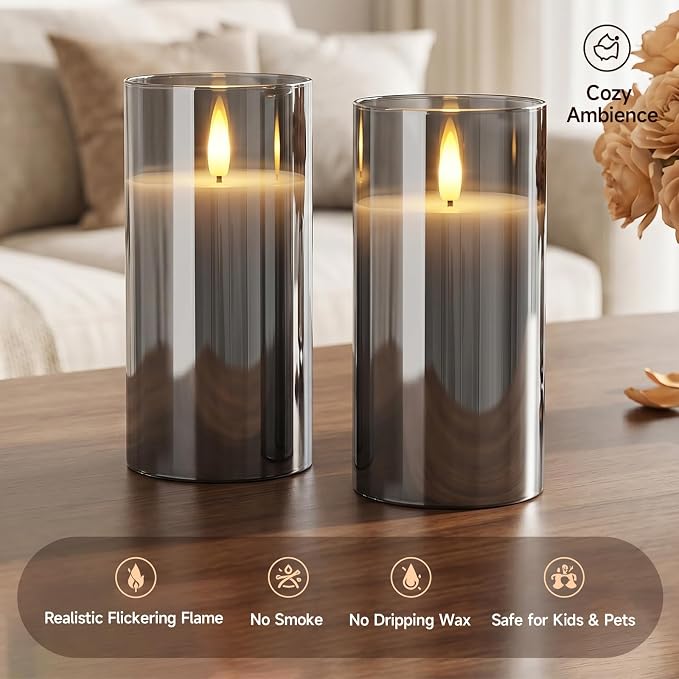 Homemory Grey Glass Flameless Candles Battery Operated LED Pillar Candles with Remote and Timer, Real Wax Flickering Candles with 3D Wick for Home Wedding Holiday Decor, Set of 2, 3"x6"
