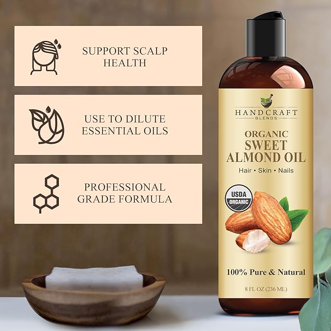 Handcraft Blends Organic Sweet Almond Oil | 100% Pure and Natural | Bath & Body Oil | Premium Grade Carrier Oil | Skin | Hair | Body | Massage | Hexane-Free | 8 Fl Oz