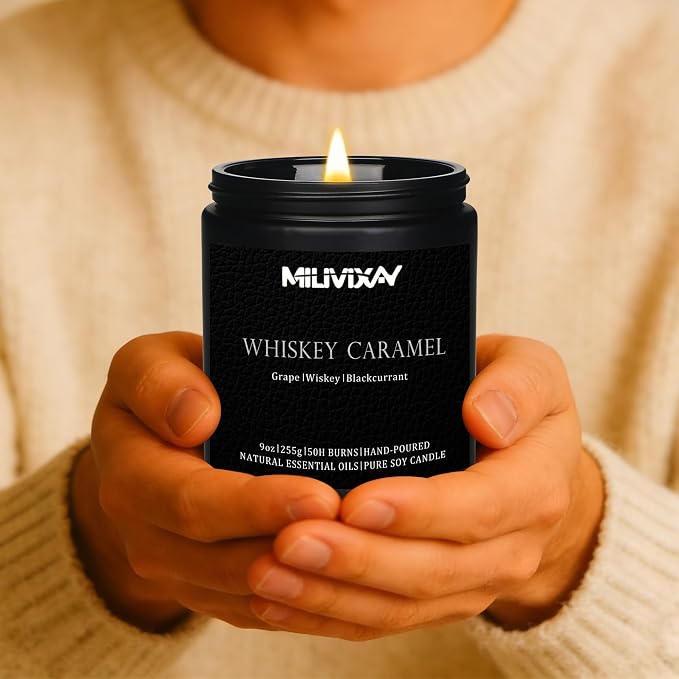 MILIVIXAY Candle for Men Whiskey Caramel Scented Classic 9oz Jar Single Wick Candle, Soy Wax Candles for Consistent Burn, Over 50 Hours of Burn Time, Ideal for Creating Relaxing & Holiday Gifting.