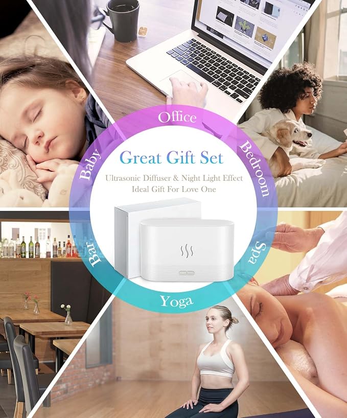 Aegci Essential Oil Diffuser,Humidifier with 7 Colors Flame Light,180ml Air Humidifiers for Bedroom, Home, Office, Gifts - Portable,Auto-Off Protection,4 Modes Mist(White)
