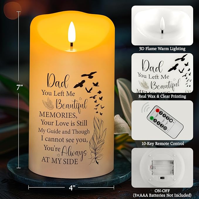 Flameless Memorial Candle, Real Wax LED Light with 10-Key Remote Sympathy Gift Bereavement Gifts for Loss of Loved One Memorial Gifts for Loss of Father Remembrance Gifts (4" x 7")