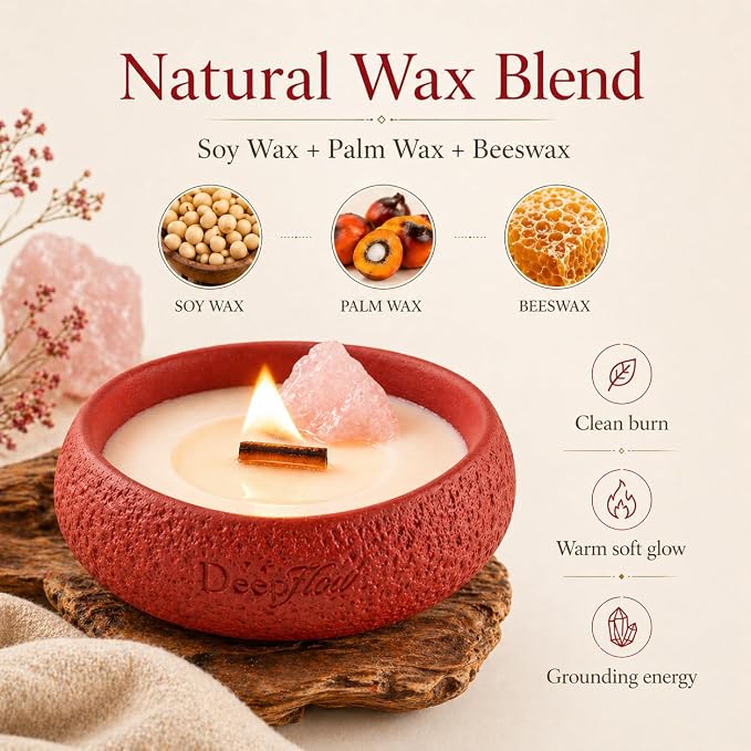 DEEP FLOW Rose Quartz Love Energy Candle - Soft Peach Floral Scent, Luxury Scented Candle with Healing Crystals for Self-Care & Romance (Nurturing Serenity)