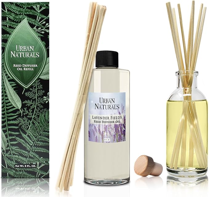 Urban Naturals Reed Diffuser Oil Refill Lavender Fields with Geranium, Clary Sage, Soft Florals 8 oz + Free Reed Sticks, Made in the USA