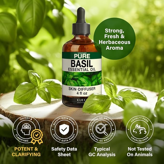 100% Pure Basil Oil - 4 Fl Oz Basil Essential Oil for Hair, Skin, Diffuser, Aromatherapy & DIY Soap Making Scent