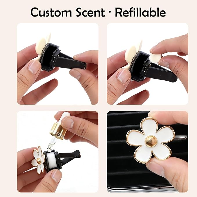 4Pcs Cute Daisy Flowers Car Air Freshener Vent Clips, 4 Sizes Sparkle White Flower Car Diffuser Clips, Refillable Girly Car Accessories for Women
