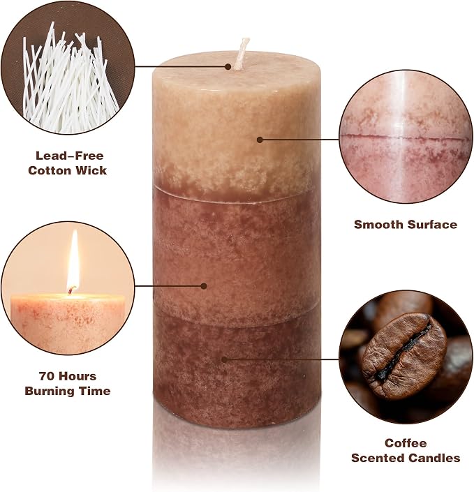 Coffee Pillar Candles, Aromatherapy Scented Candles, Set of 3 Tall 3x6 Inch Dripless Pillar Candle, for Wedding and Home Décor