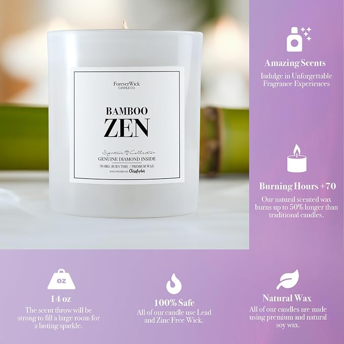 Foreverwick Bamboo Zen Candle | Diamond Candle Gift | Relaxing Candle Scent | Aromatherapy Candle for Bath, Destress & Clearance | Strong Scented Candles for Decor | 14 oz & 70 Hours Burning Time
