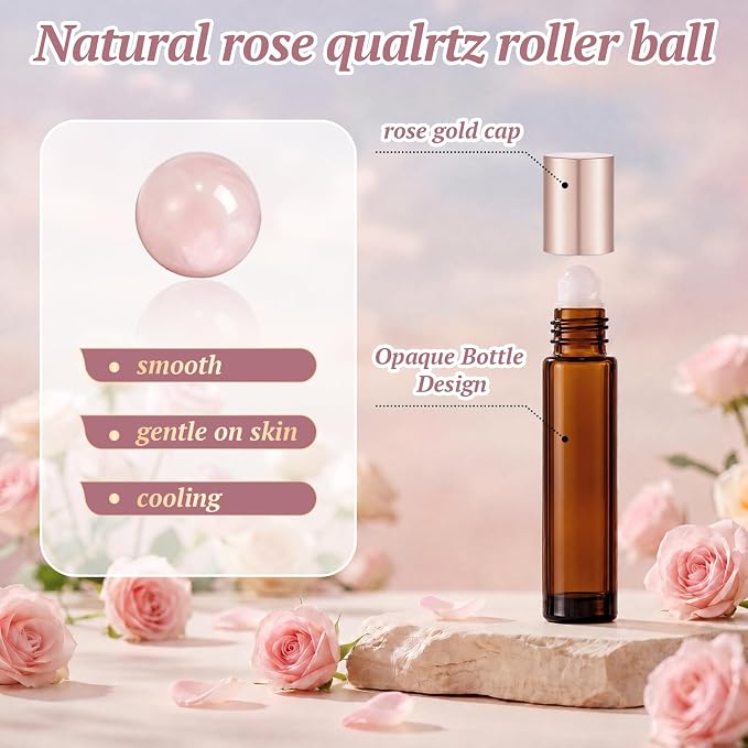 Domensi 50 Pack 10ml Rose Quartz Roller Bottles for Essential Oils, Refillable Amber Glass Roll on Bottles Kit, Leak-proof for Travel, Aromatherapy, DIY Perfume & Gifts
