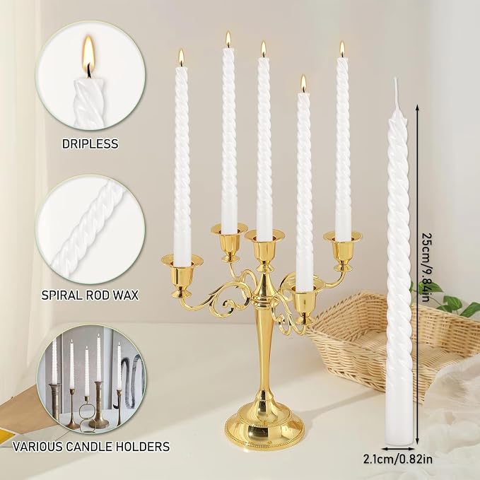 WPONSZU 10 Inch White Spiral Taper Candle Set of 12 Pack Unscented Dripless Candlesticks for Valentine's Day,Dinner,Party,Brithday,Wedding,Christmas,and Home Decoration
