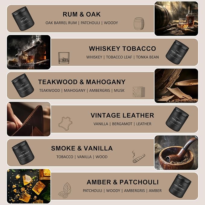 Scented Candles Set | Gifts for Men - 6Pack Candle Set - Masculine Candle, Soy Candles for Home Scented, Aromatherapy Gift - Fragrance of Smoke Vanilla/Leather/Mahogany/Tobacco/Oak/Amber Patchouli