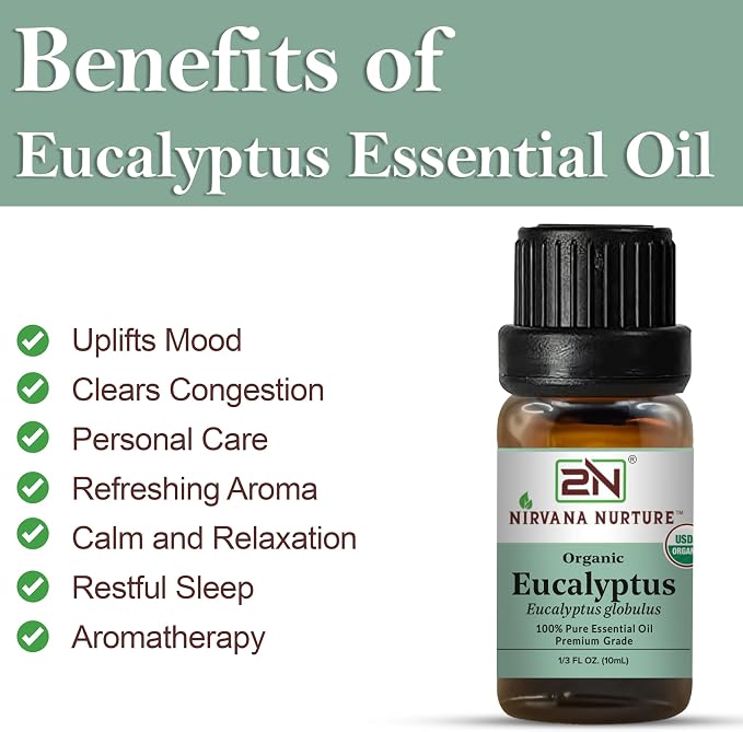 Eucalyptus Essential Oil, USDA Certified Organic, 100% Pure Undiluted, Aromatherapy Oil for Diffuser, Hair & Skin Care