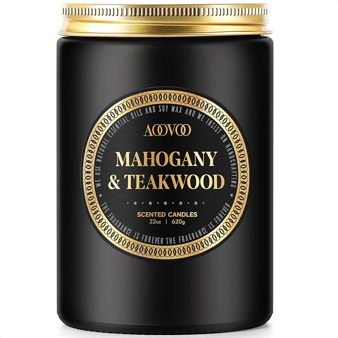 AOOVOO 22oz Large Scented Candles for Men - Mahogany & Teakwood Candles for Home Scented | Soy Candle | Strong Fragranced Masculine Black Candle Gift for Women & Men