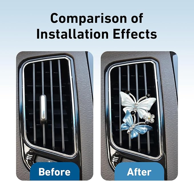 2 PCS Dual Butterfly Car Air Vent Clips, Car Air Vent Shimmering Rhinestone Butterfly Decoration Clips, Smell Diffuser for Horizontal Vertical AC Export, Universal for Most Vehicles (Blue)