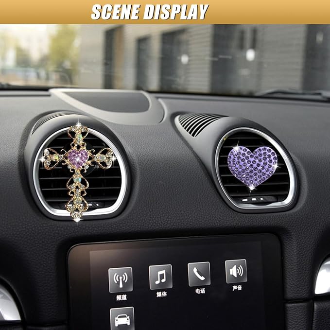 2PCS Bling Cross & Heart Car Dashboard Air Vent Trim Clip, Sparkly Rhinestone Car Air Vent Clips, Diamond Auto Diffuser Charm Clip, Auto Interior Decoration Accessory for Women Girls (Purple)