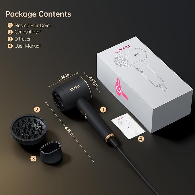 CONFU Diffuser Blow Hair Dryer - 420 Million Plasma Blowdryers for Curly/Fine/Thick/Frizzy Hair - Professional 1600 Watt Ionic Hairdryers Handheld Lightweight (Black)