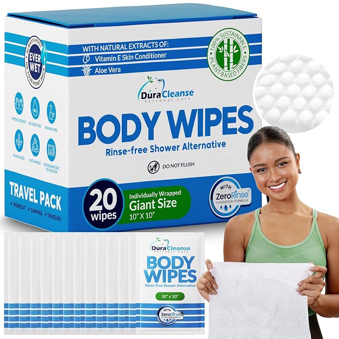 Body Wipes for Adults Bathing No Rinse - 20 Count Travel Shower Wipes - 10 x 10" Individually Wrapped Thick Cleansing Waterless Wash Scrubs - Disposable Washcloths for Camping & Elderly Incontinence